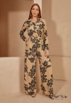 CONJUNTO CAMISA + PANTALONA ESTAMPADO C/ DETALHES BEGE / PRETO PERFECT WAY