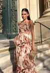 VESTIDO LONGO FEMININO ESTAMPADO COM ABERTURA BEGE / MARROM PERFECT WAY