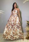 VESTIDO LONGO FEMININO ESTAMPADO COM ABERTURA BEGE / MARROM PERFECT WAY