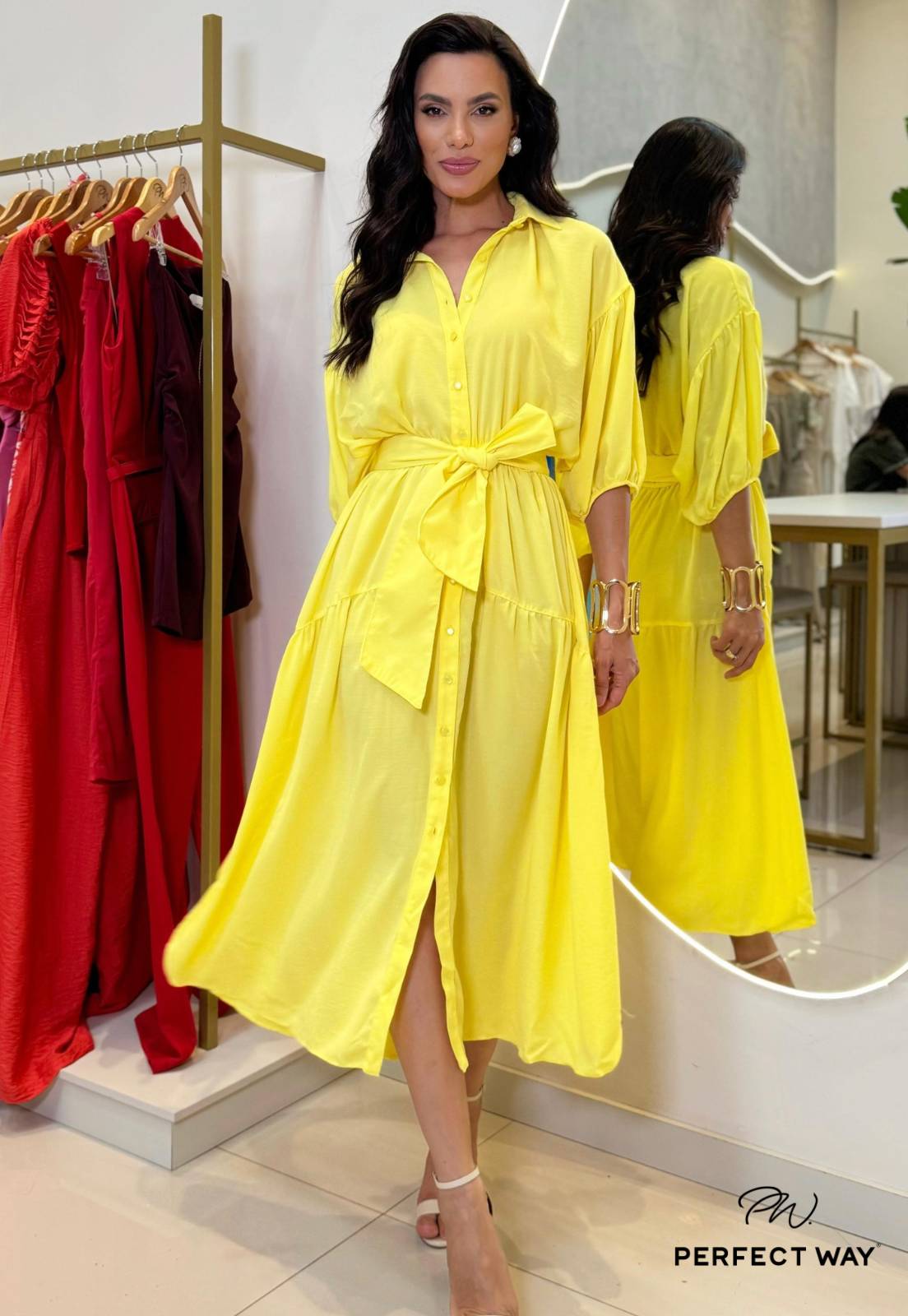 VESTIDO CHEMISE OVER LONGUETE + FAIXA amarelo PERFECT WAY