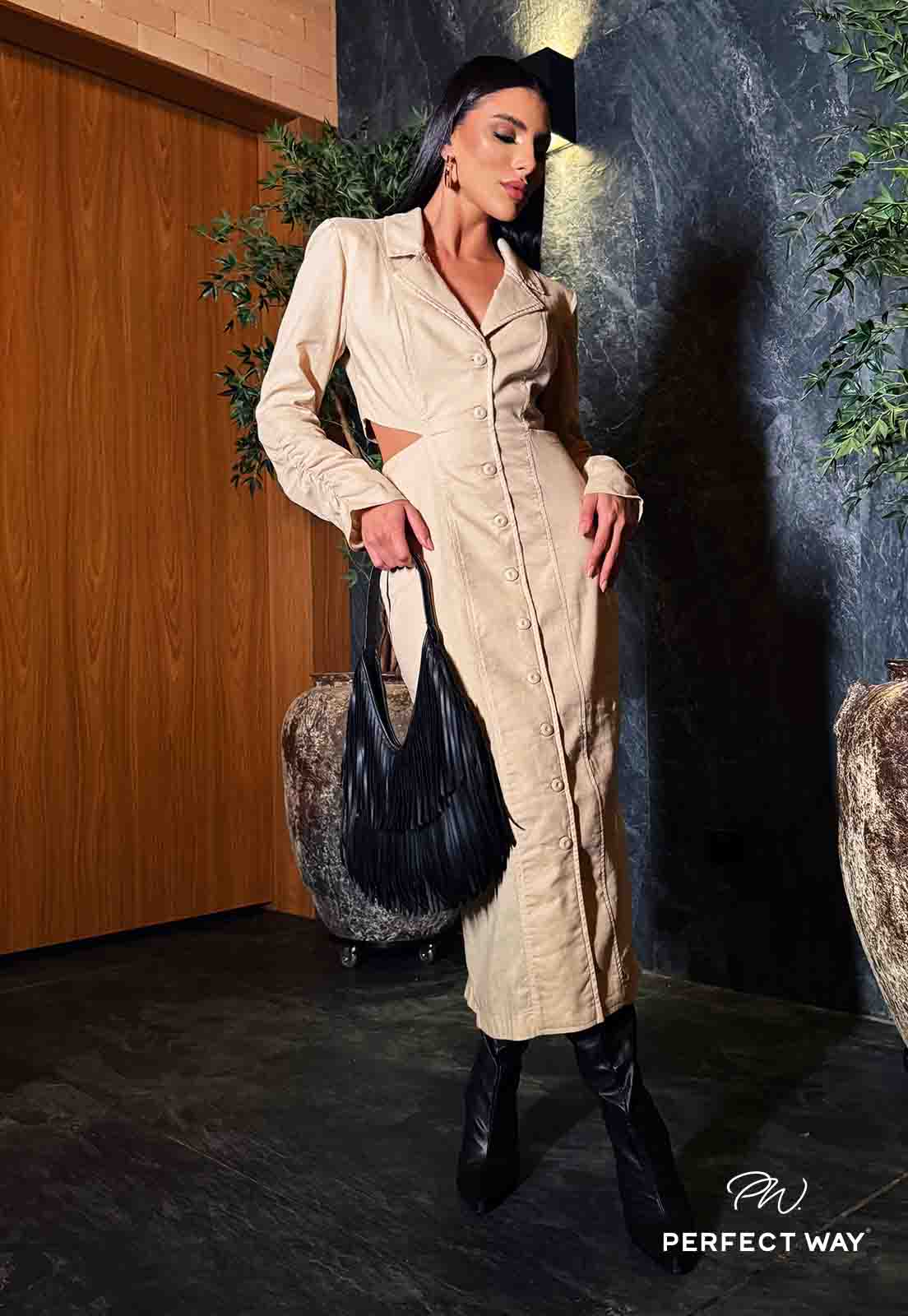 VESTIDO BLAZER MAXI MIDI FEMININO BEGE PERFECT WAY