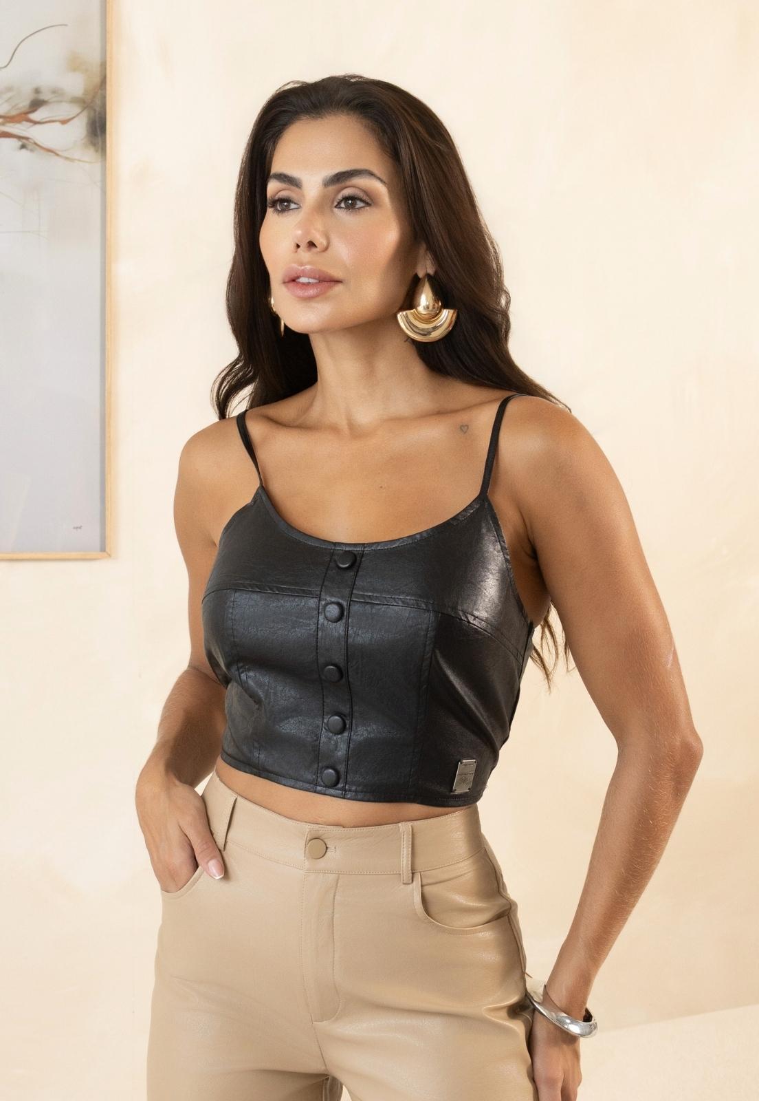 TOP EM COURO ( PU)  DE ALÇA S/ BOJO FEMININO PRETO