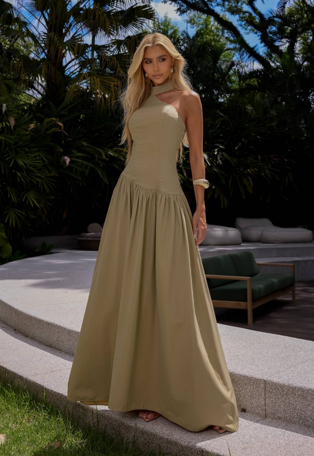 VESTIDO LONGO DECT ASSIMETRICO FEMININO MATCHA