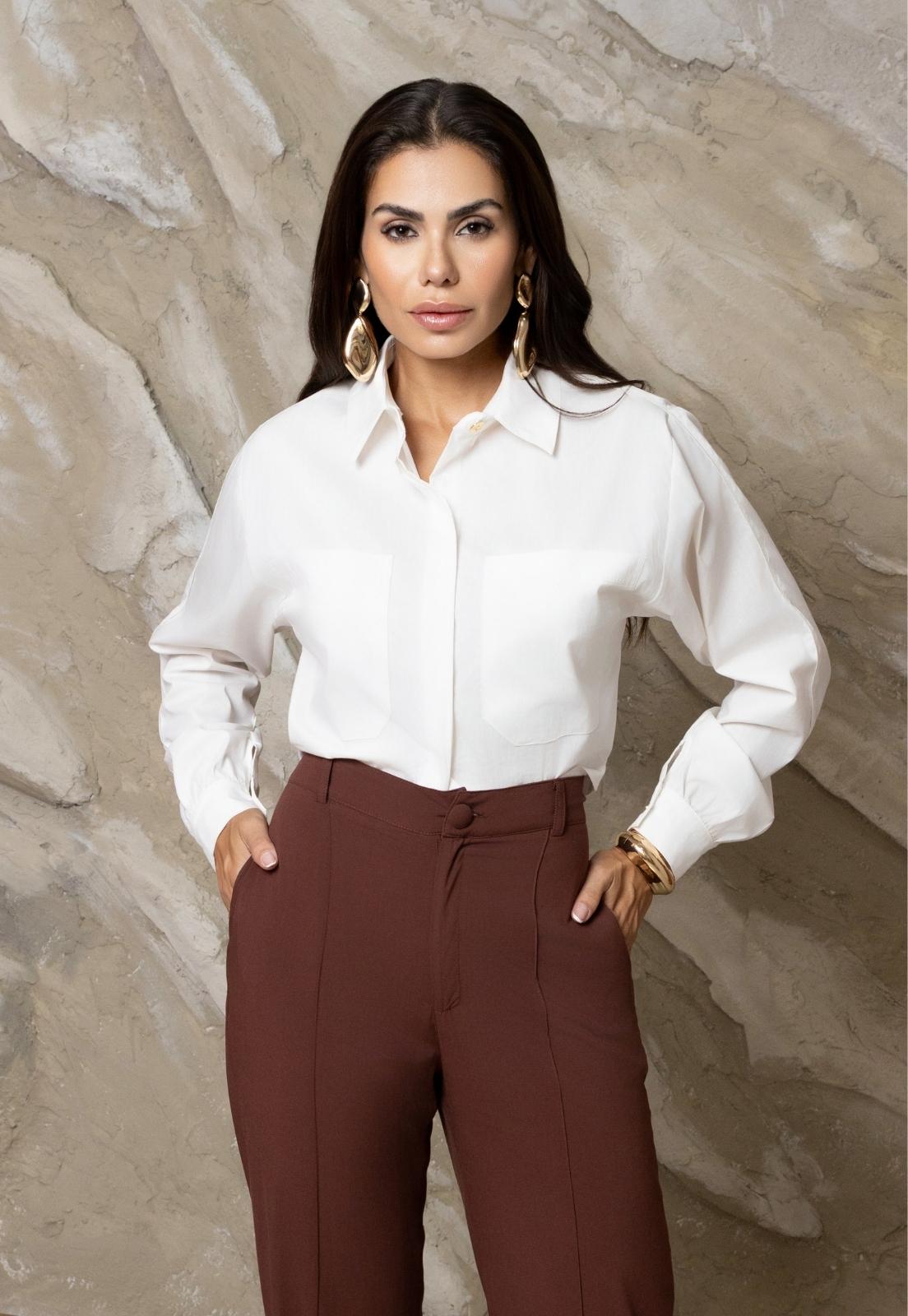 CAMISA CROPPED  MANGA LONGA  C/ BOTOES FRENTE FEMININA OFF WHITE