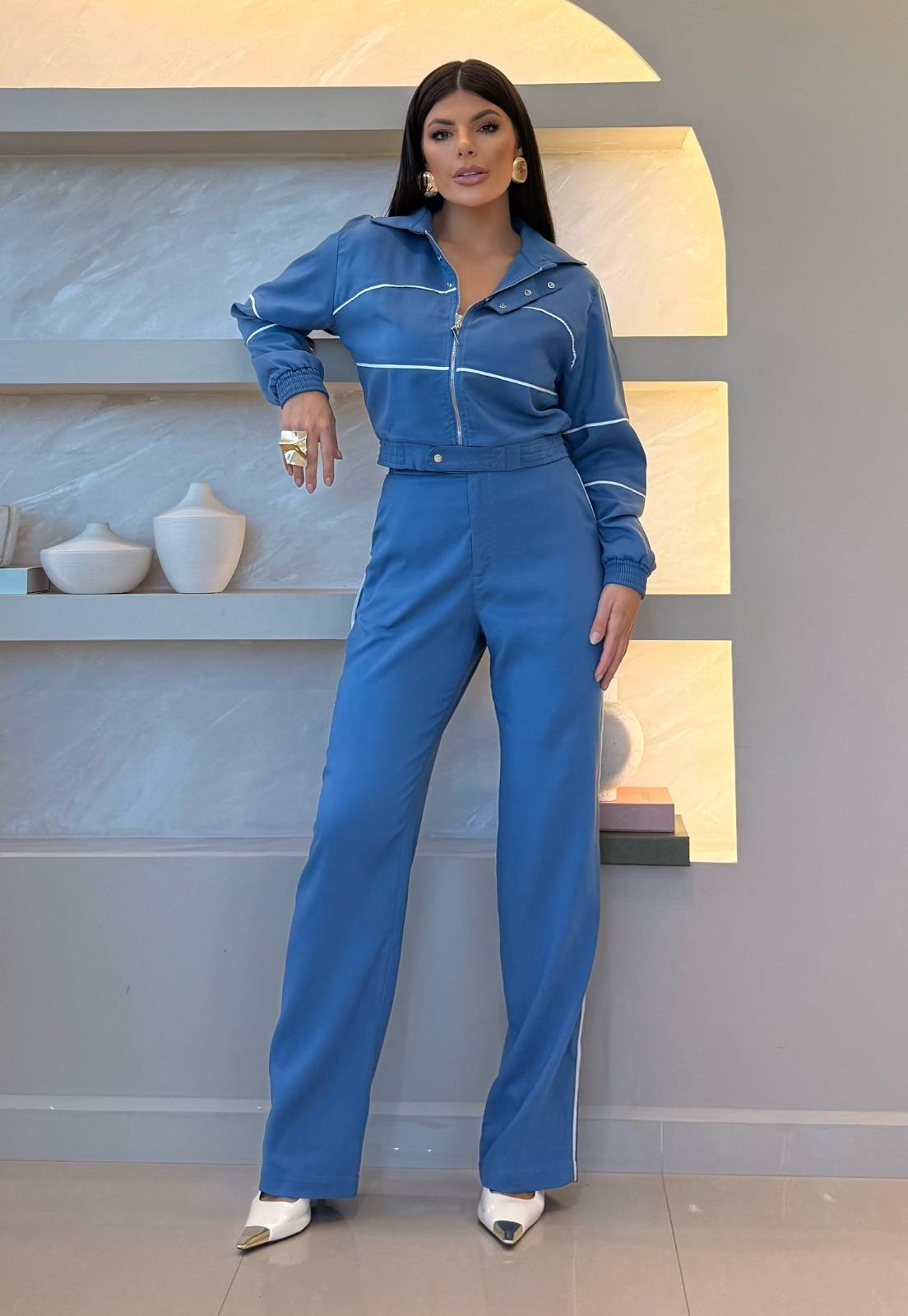 CALÇA COS ELASTICO C/ BOLSO FACA FEMININA AZUL PERFECT WAY