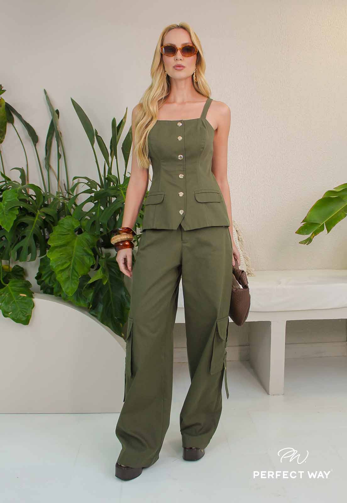 CALÇA CARGO FEMININA VERDE MILITAR PERFECT WAY