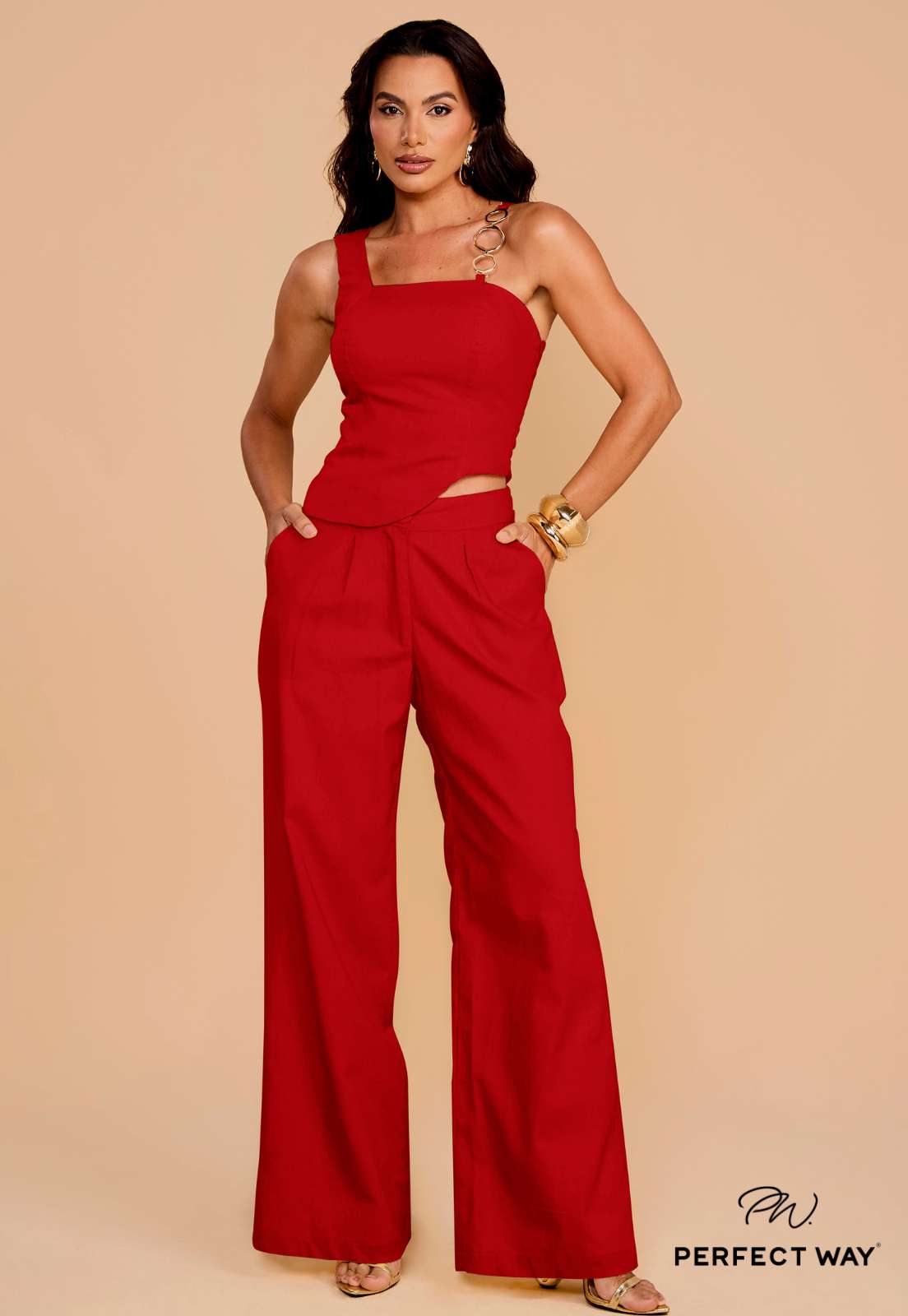 CONJUNTO FEMININO CROPPED + CALÇA PANTALONA  VERMELHO PERFECT WAY