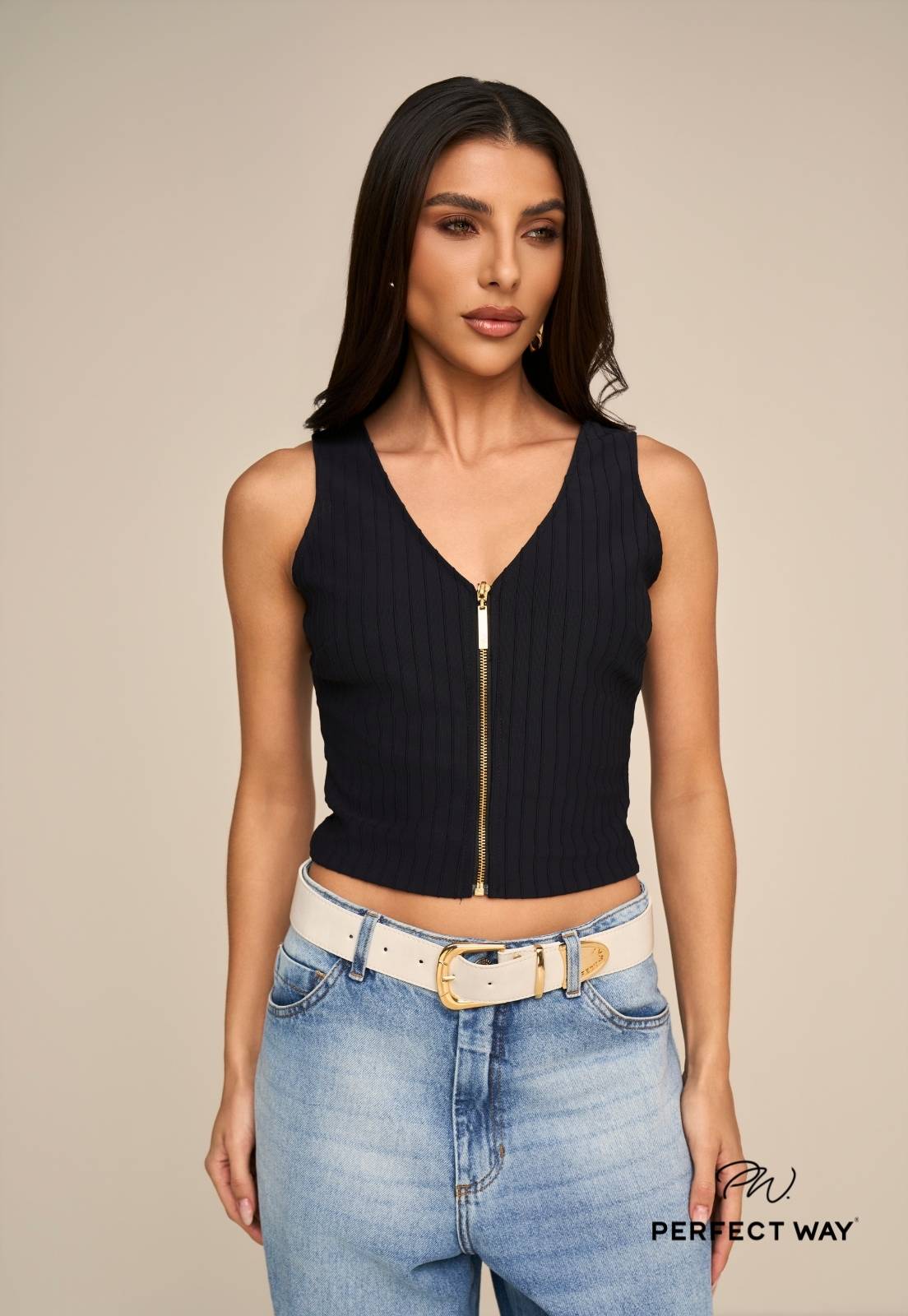 CROPPED DECOTE V C/ ZIPER FEMININA PRETO
