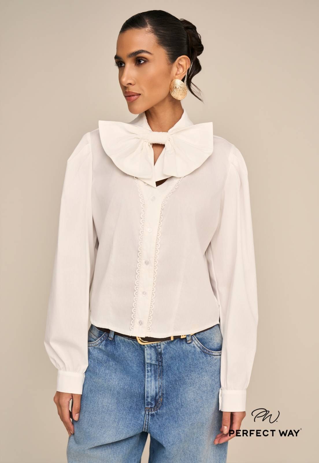 CAMISA C/ LAÇO FEMININA OFF WHITE