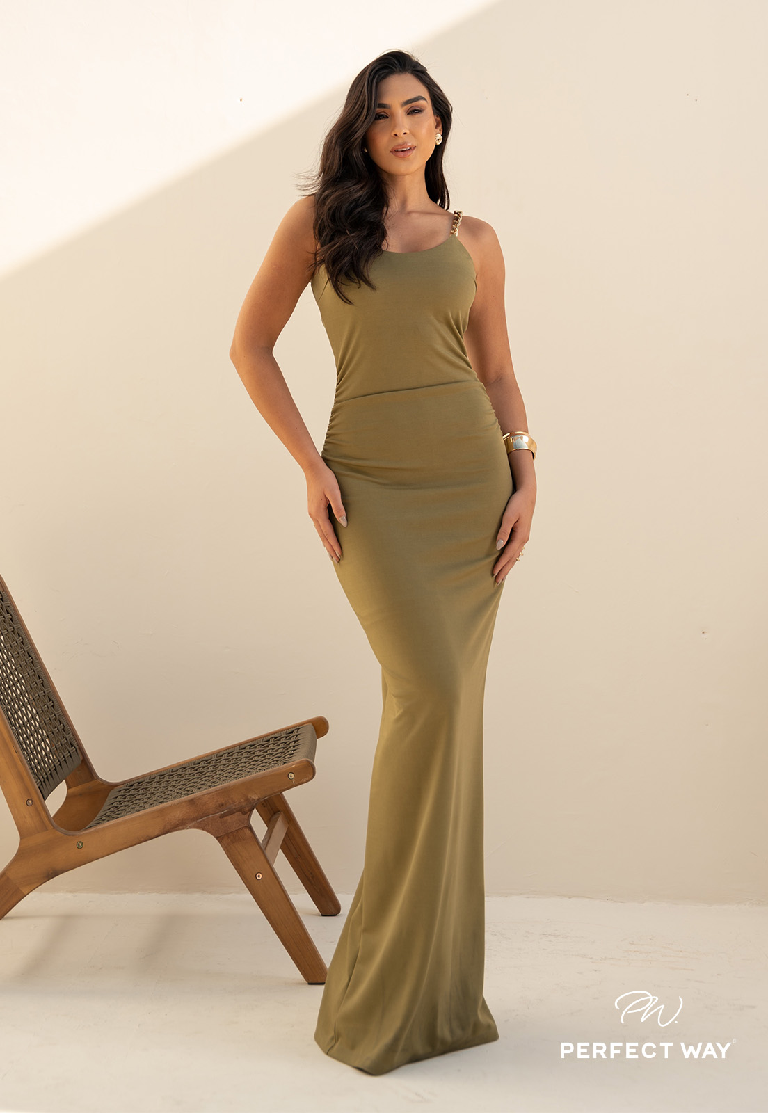 VESTIDO FEMININO LONGO VERDE OLIVA PERFECT WAY