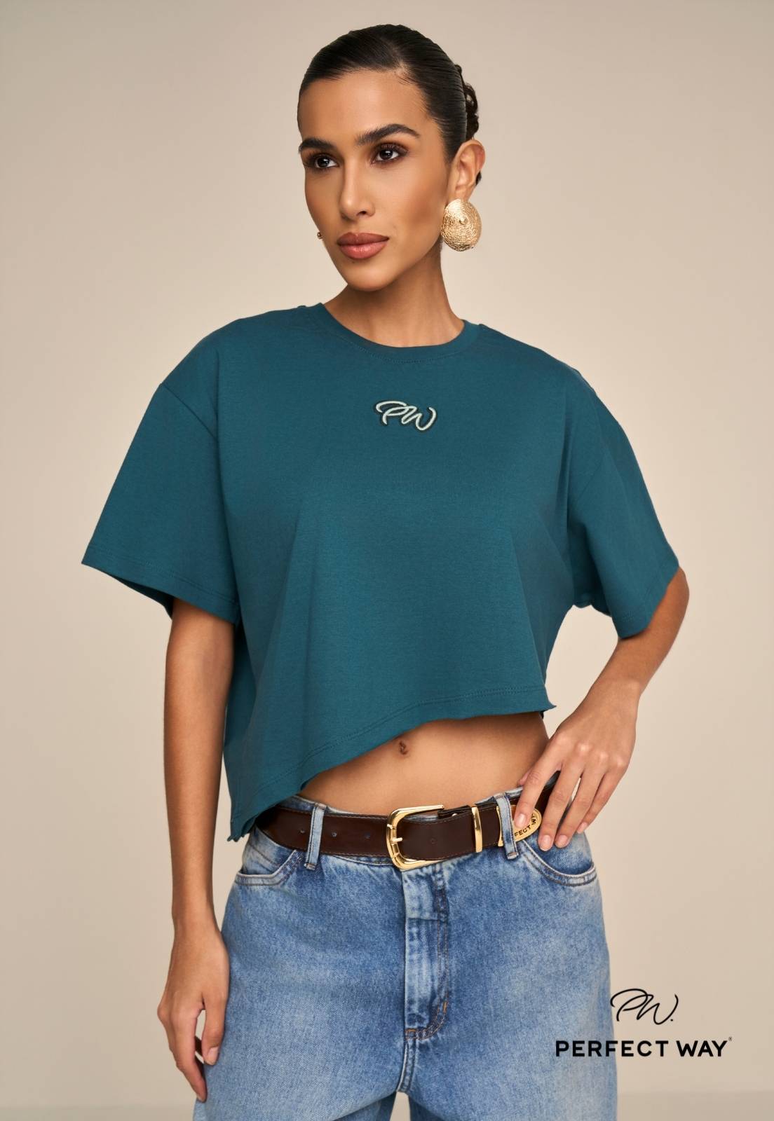 T-SHIRT CROPPED BORD INDUSTRIAL  FEMININA verde petroleo