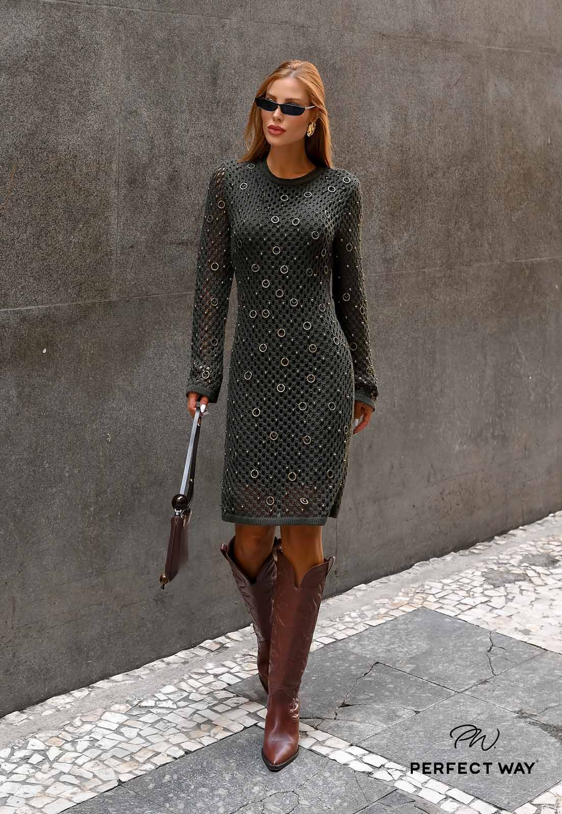 VESTIDO MIDI FEMININO TRICÔ C/ BORDADO MANUAL VERDE MILITAR PERFECT WAY