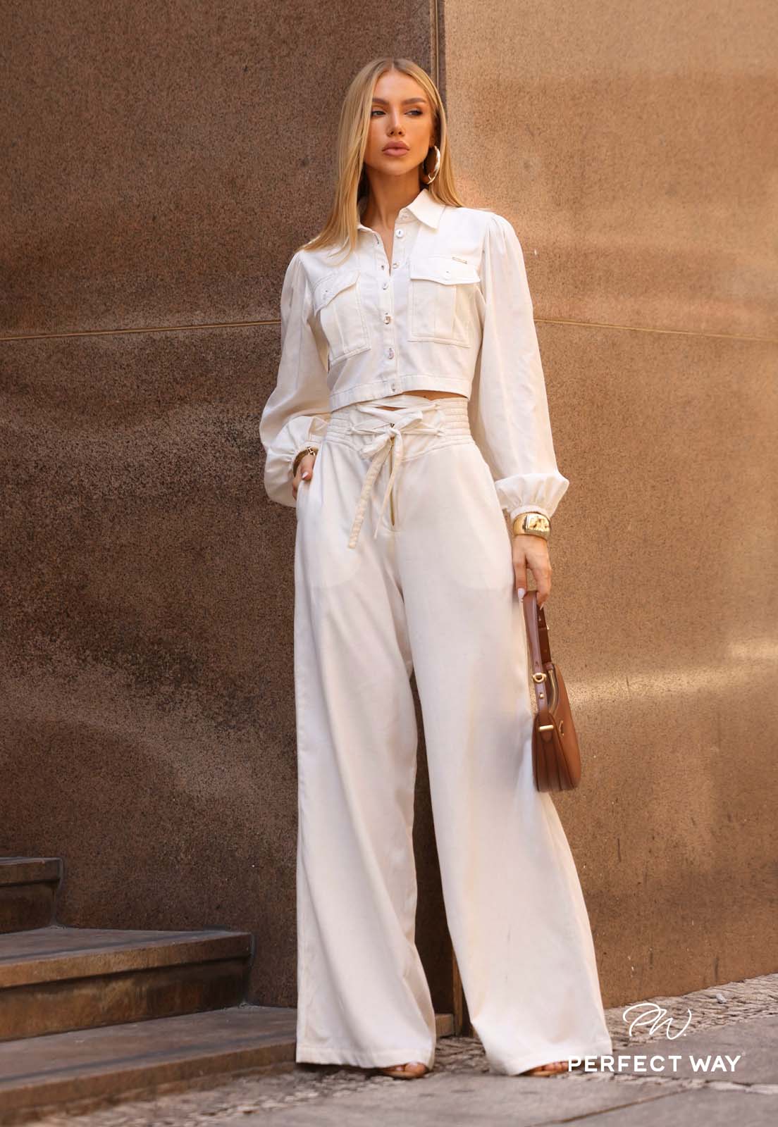 CONJUNTO FEMININO CAMISA CROPPED CALÇA PANTALONA CRU PERFECT WAY