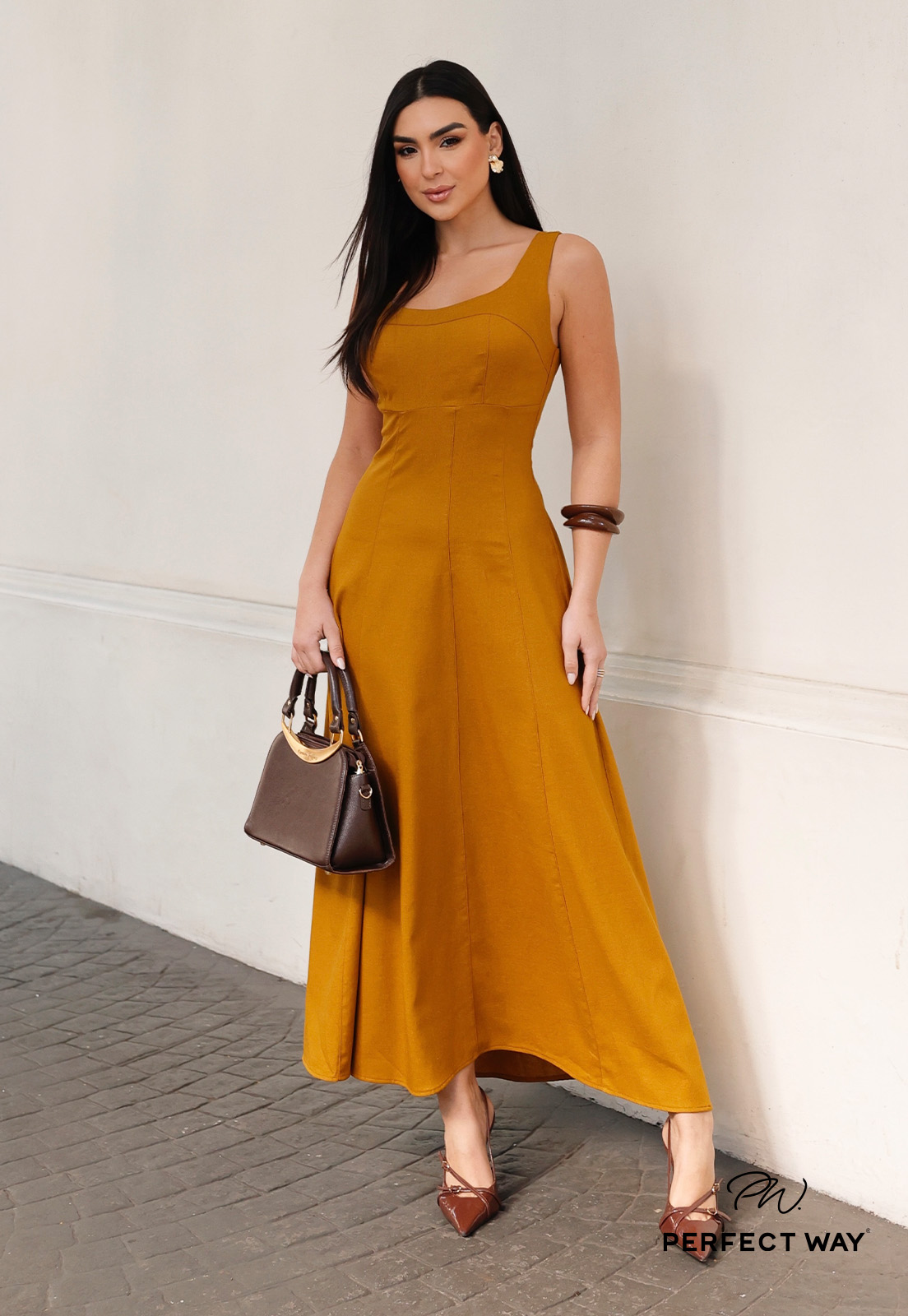 VESTIDO FEMININO  MAXI MIDI CARAMELO PERFECT WAY