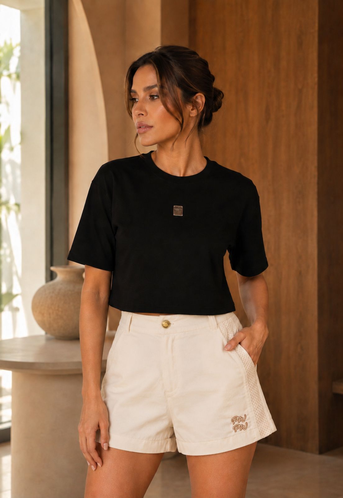 SHORTS  BORD INDUSTRIAL C/ REC EM TRICO FEMININO NATURAL